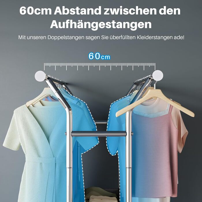 HOKEEPER Clothes Rack with Shelves, 450 kg Capacity, Rolling Clothes Rack, Portable Clothes Hanger, Chrome (D005)