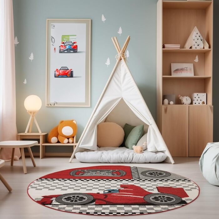 Дитячий килим круглий Elefant Design, короткий ворс, 120 см, синьо-сірий, гіпоалергенний, для дівчаток та хлопчиків