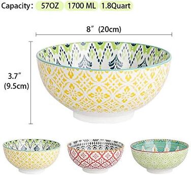 Набір салатників/мисок для супу та пасти з порцеляни, 1.45 л, 3 шт. - Кольорові сервіровочні миски 20 см, підходить для мікрохвильовки та миття в посудомийній машині