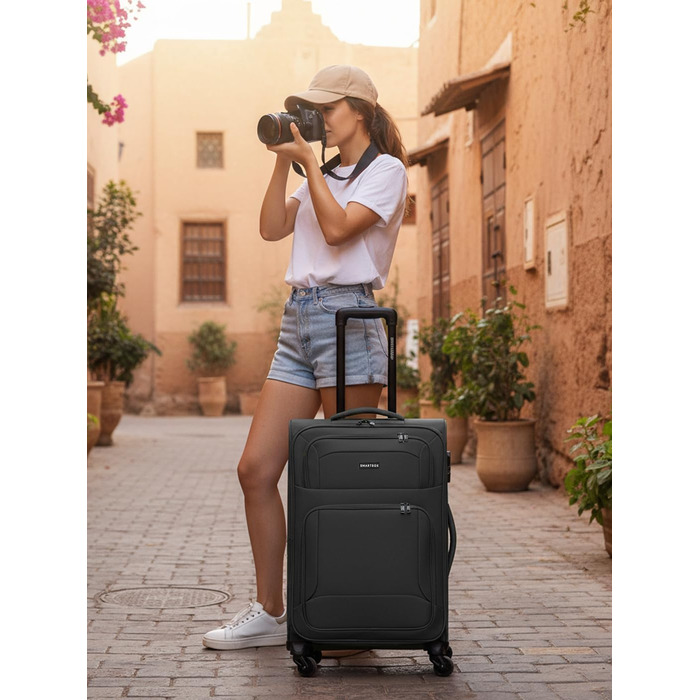 Набір валіз SMARTBOX 3 шт. для жінок та чоловіків | Легкі та міцні валізи-ролери, якісний softcase, 4 колеса та кодовий замок | Розширювані валізи (Чорний колір, валіза M (67 см))