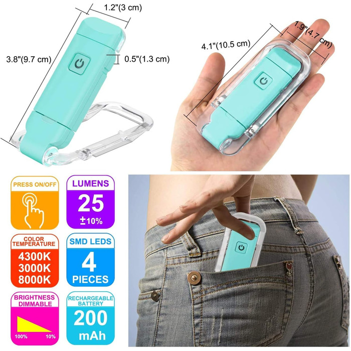 LED лампа-кліпса HONWELL для читання: USB, регулювання яскравості, захист очей, 3 режими, для дітей та офісу (блакитний)