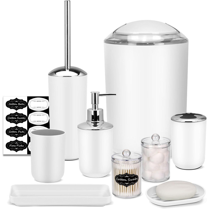 Набір аксесуарів для ванної кімнати IMAVO – 8 предметів сірого кольору (сміттєвий бак, дозатор мила, мильниця, тримач для зубних щіток, тримач для унітазного йоржика, диспенсер для ватних паличок з етикетками)