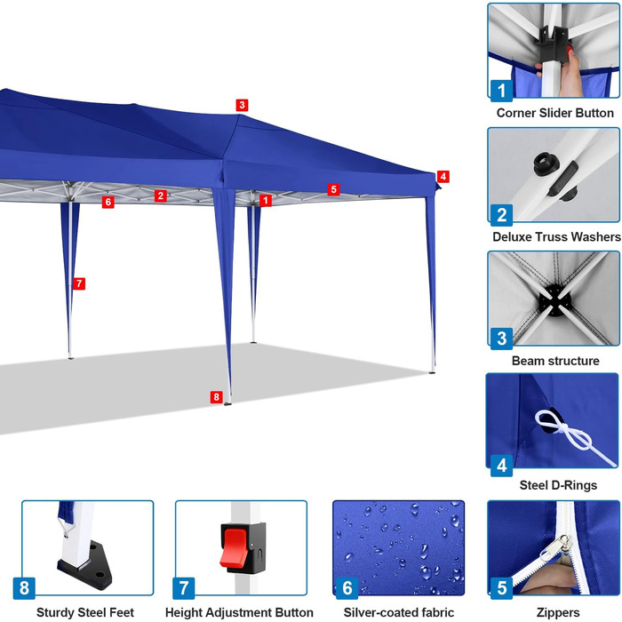 COBIZI Pop-up Pavilion 3x3, Folding Pavilion 3x3 Waterproof, Stable, Winter-proof |8x Pegs|4x Wind Rope|UV Protection 50+|High-Density Tarpaulin| Pavilion Foldable 3x3m Party Tent Folding Pavilion 3x3 Garden Pavilion (Navy Blue, 3x6m with 6 Side Walls)