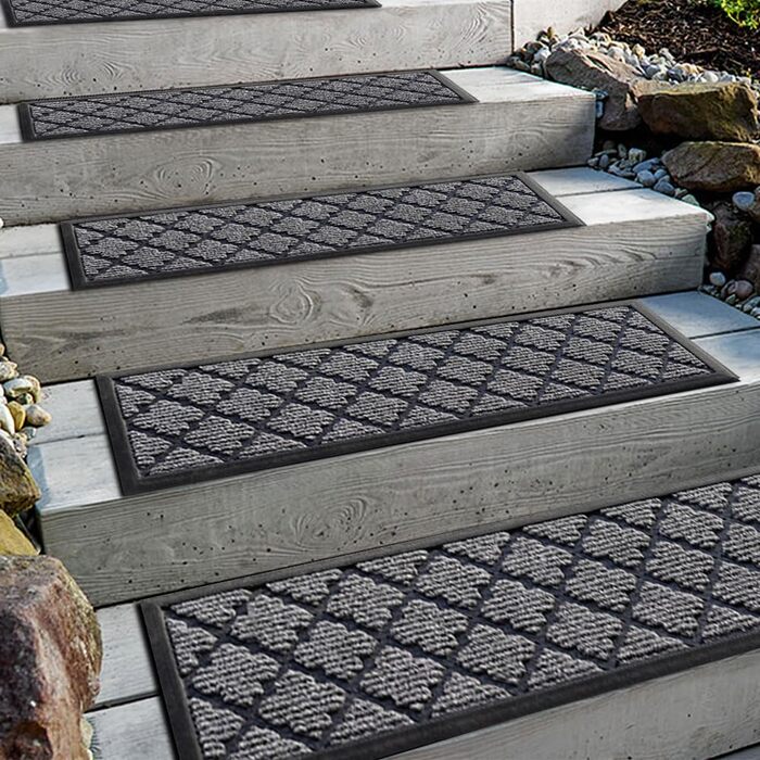 Гумові килимки на сходи зовнішні Aucuda, 6 шт., 76x22 см, сірі, антиковзкі, вологостійкі, теплоізоляційні для вулиці