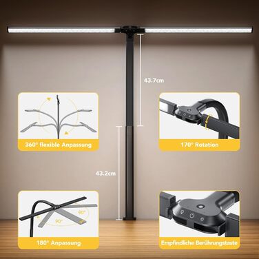 LED лампа для столу Ehaho 2100LM з регулюванням яскравості, 24W, 224 LED, 80 см, кріплення на монітор, гнушкий шийка, офісна лампа з пультом, 10 температур кольору та 10 рівнів яскравості (для дому/офісу), чорна
