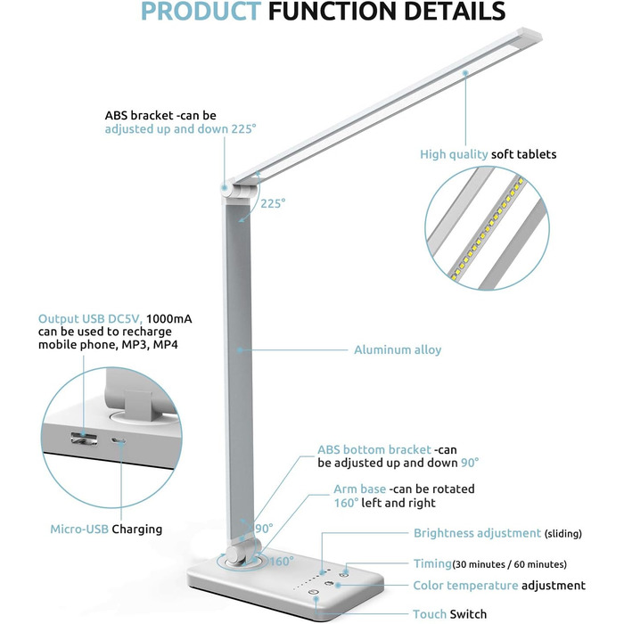 LED лампа настільна дитяча з регулюванням яскравості, 5 кольорів, 10 рівнів, захист очей, сенсорне керування, складана, з акумулятором 2500mAh, срібна