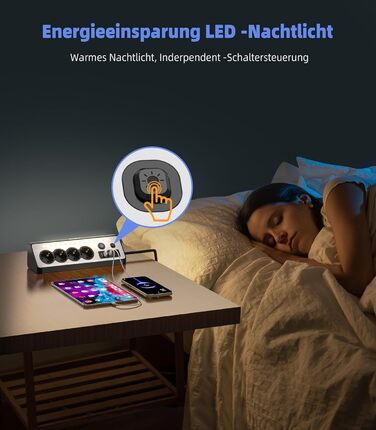 Мережевий адаптер з USB та 2 Type-C, 4 розетки, 16A, 3680W, з вимикачами, захист від перенапруги, LED, для кухні/офісу, білий/чорний