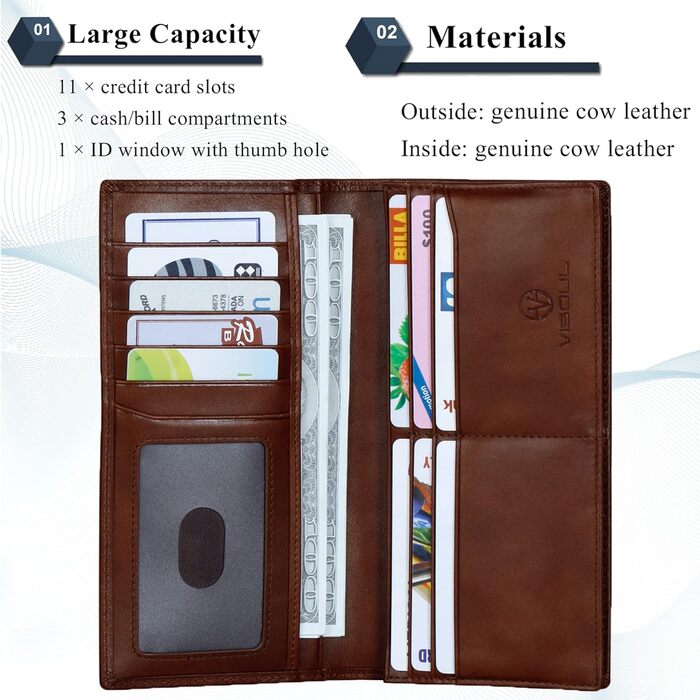 VISOUL Genuine Leather Wallet, Real Vintage Leather XXL, Long Wallet, Credit Card Holder, Men's Wallet, RFID Protection, Wallet, Purse, Wallet, Portmonee, Carbon Brown