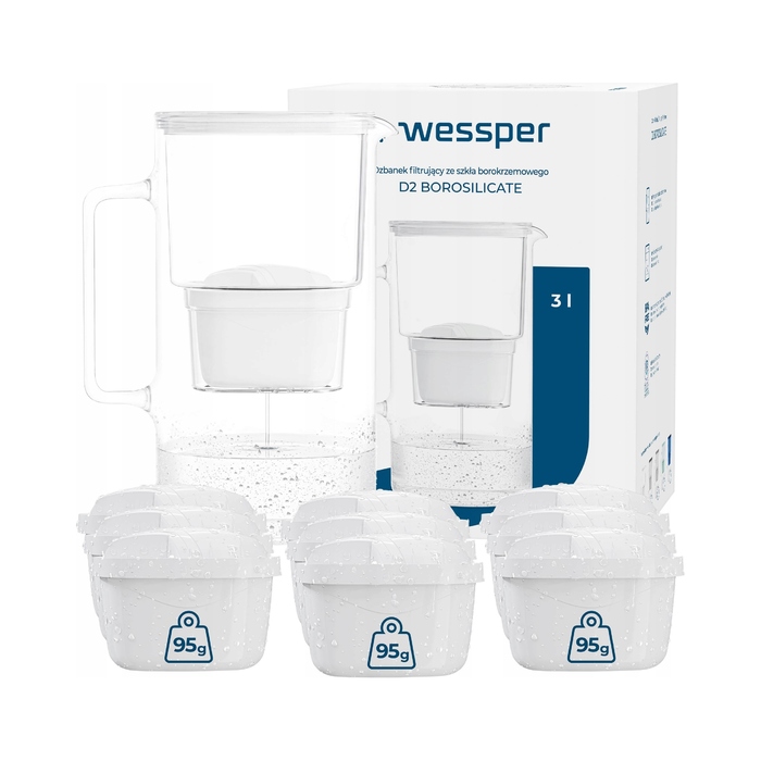 Скляний фільтр-кувшин Wessper D2 BOROSILICATE 3л, білий + 10 фільтрів