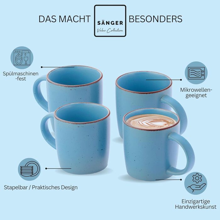 Набір кавових чашок SÄNGER Bombay Saphir (4 шт.), 360 мл, стегонна кераміка, блакитні, для кави та чаю, миюча посуду, мікрохвильова піч