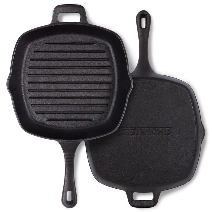 Чавунна гриль сковорода Chefarone 25.5 см з носиком – емальована сковорода для стейків, підходить для індукції, газу, склокераміки та духовки
