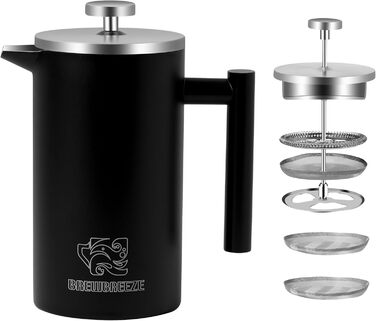 Набір для приготування кави френч-прес: термоізольований, з молочний пінозбивач, з нержавіючої сталі (матова чорна), 1 літр