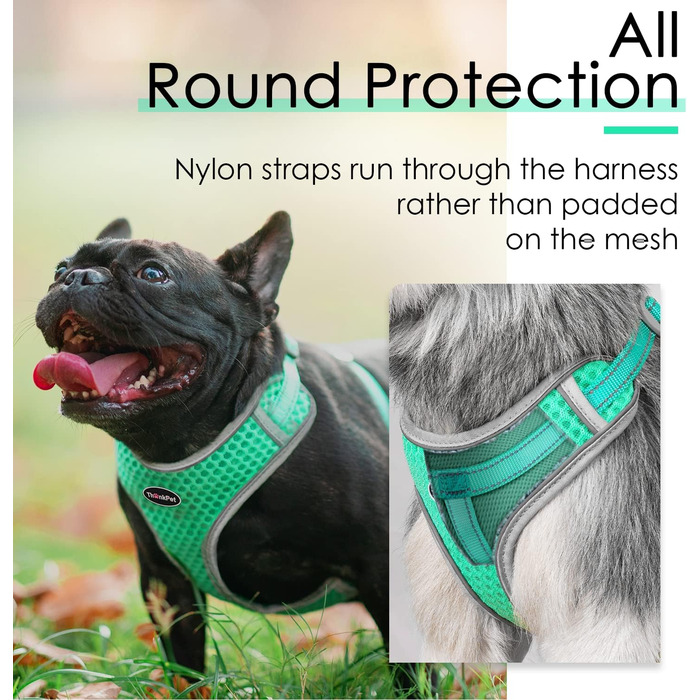 Шлейка для собак ThinkPet No-Pull, дихаюча, для маленьких, середніх та великих собак, регульована, м'яка, для прогулянок, з контролем, з підкладкою, світловідбиваюча (зелена, S, 1 шт.)