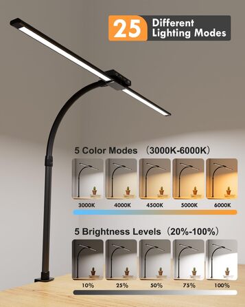 Світлодіодна лампа VUENICEE для столу з регулюванням яскравості та пультом дистанційного керування, 20W, кріплення-прищіпка, офісна лампа, 5 режимів кольору та яскравості, гнусий