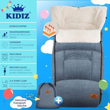 Kidiz® Baby Footmuff Baby Footmuff Winter Footmuff Car Seat with Zipper Snuggle Sack Baby Blanket Stroller Washable, Lockable Headrest, Pocket, Suitable for All Strollers, Jeans Grey