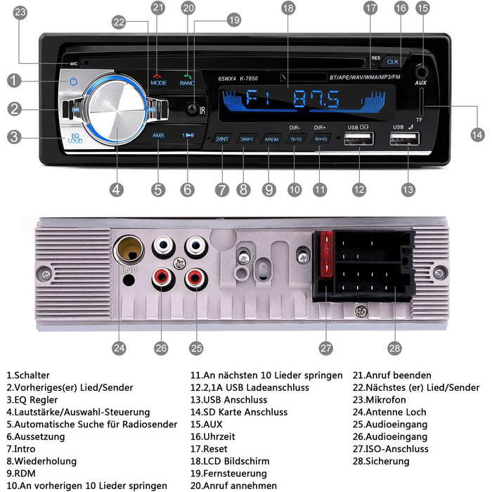 Автомобільна магнітола 1 DIN з Bluetooth, FM-радіо, MP3-плеєром, гучним зв'язком, керуванням на кермі, 2 USB для музики та зарядки