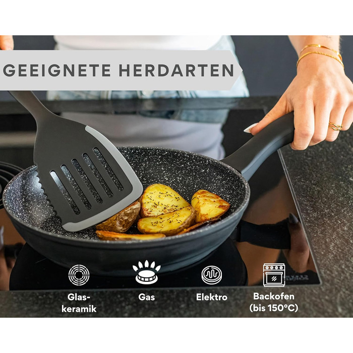 Набір сковорідок DIVORY 3 шт. (20, 24, 28 см) з антипригарним покриттям для всіх плит, включаючи індукційні. Безпечні ручки, придатні для миття в посудомийній машині. Ручки з імітацією сірого дерева.