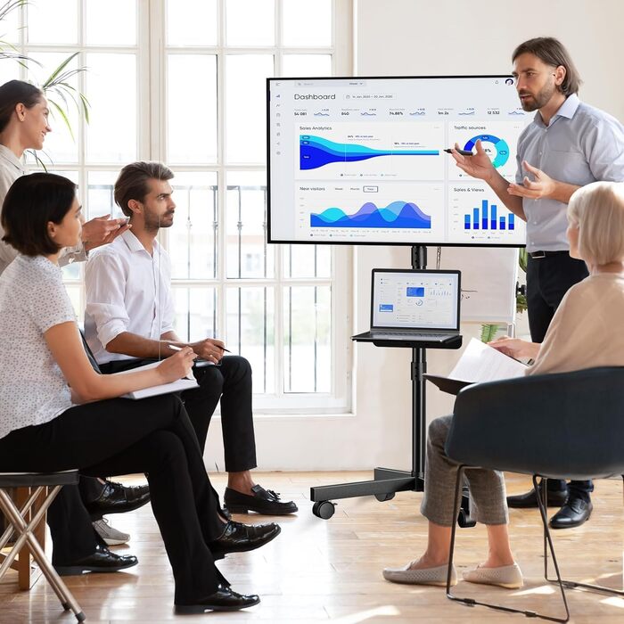 Підставка для телевізора на колесах для 23-60 дюймів - регульована по висоті, мобільна, з полицею для медіа, для офісу, вітальні, геймінгу, витримує до 40 кг, VESA до 400x400 мм, чорна