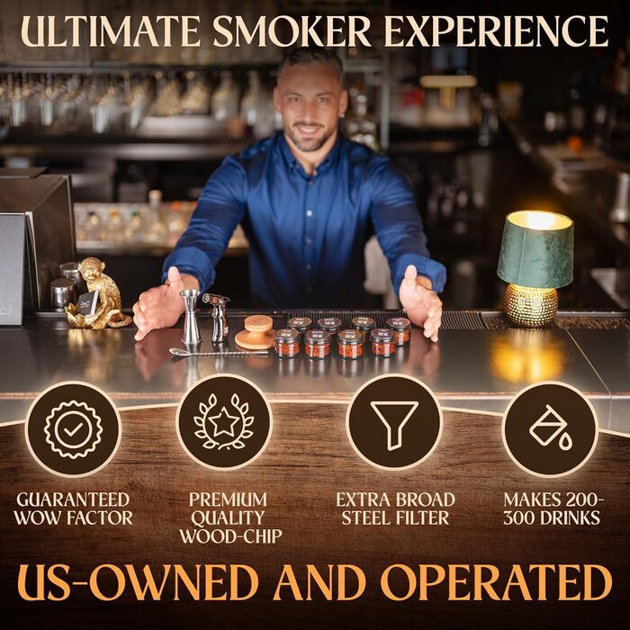 Набір для приготування коктейлів Xtra Dirty Cocktail Smoker Kit з 4 пальними насадками - для віскі, бурбону, Old Fashioned - 8 банок з тирсою