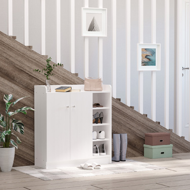 HOMCOM Shoe Cabinet Shoe Rack Chest of Drawers with 2 Doors and 4 Compartments for Entryway in White 83x30x90cm, Space-Saving & Modern