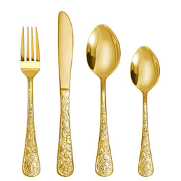 Набір столових приборів 24 предмети в золотистому вінтажному стилі для 6 осіб, нержавіюча сталь, з гравіюванням, високоякісне полірування