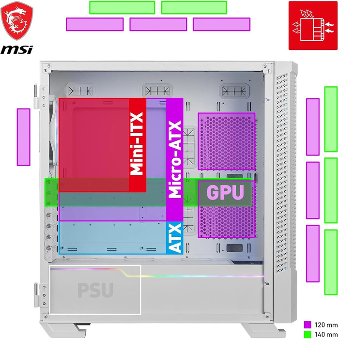Корпус ПК MSI MPG Velox 100R White Mid-Tower для E-ATX, з загартованим склом, Airflow, Mystic Light, 2x 360mm кулер