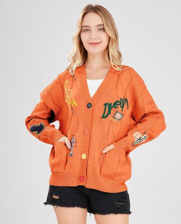 В'язана жилетка Daen з косами, довгі рукави, відкрита спереду, V-подібний виріз, застібка на ґудзики, вишивка, вовняна суміш, Пуловер, Куртка, Одяг для активного відпочинку (XXL, Помаранчевий/Бурштиновий у зигзагоподібному візерунку (Sunset Chevron))