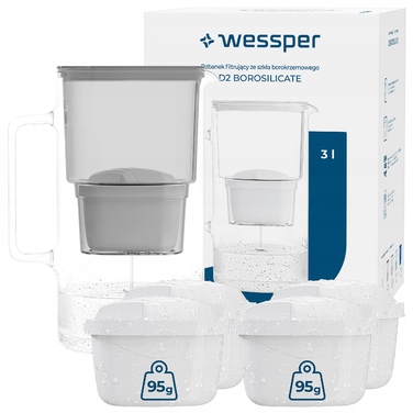 Скляний фільтрувальний глечик Wessper D2 BOROSILICATE 3л, сірий + 5 фільтрів