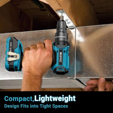 Акумуляторний шуруповерт MHPRO 21V з 2 акумуляторами 2.0Ah, 42Nm, 2 швидкості, 25+3 ступені крутного моменту, патрон 10 мм, LED-ліхтар, 14-ти елементний набір аксесуарів для дому, саду та DIY проектів (Блакитний 21V-1Akku)