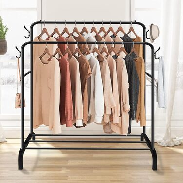 Metal Clothes Rack Clothes Stand Stable, Double Rod Durable with 1 Tier Shelf and 4 Side Hooks, Freestanding Clothes Rack, Multi-Purpose Organizer, Bedroom, Black