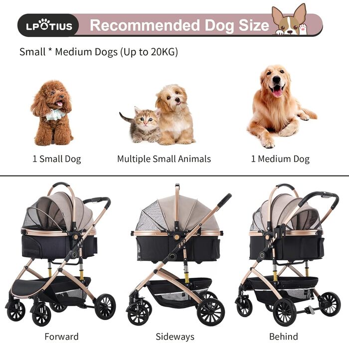 3 в 1 Візок для собак з знімним сидінням для подорожей, переноска для собак, складаний, візок для домашніх тварин для дітей до 25 кг, Рожевий, Шампань, 25 кг