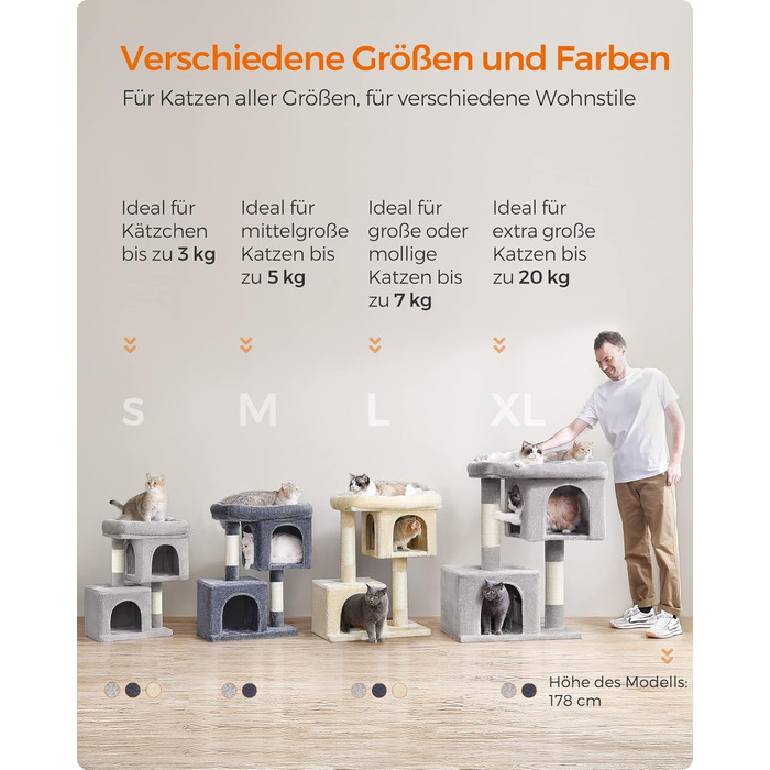 Feandrea Cat Tree, 84 cm Cat Tree, L, Cat House for Large Cats up to 7 kg, Large Platform, 2 Cat Caves, Sisal Posts, PCT61W (XL (68 x 48 x 101 cm), Light Grey)