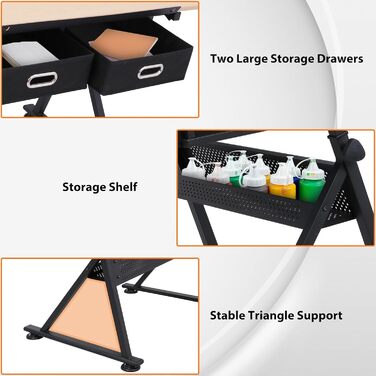 Folding Art Table with Stool and Drawers - Natural Wood Finish
