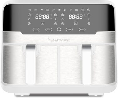Аерофритюрниця MasterPRO Rocket Duo 900, 9 л, 2400 Вт, подвійна чаша, біла, 11 програм, LED-дисплей, антипригарна корзина