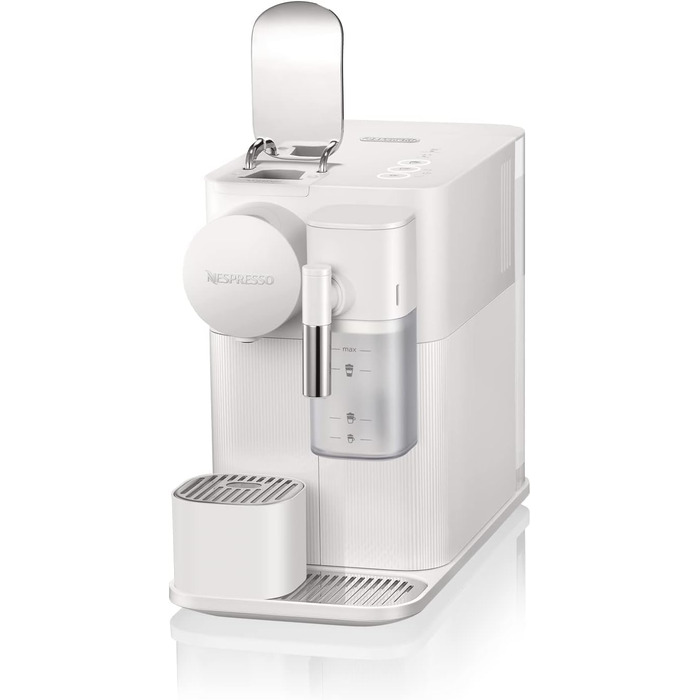 Кавова машина капсульна Nespresso De'Longhi Lattissima One EN510.W з автоматичною системою приготування молока, 3 кнопками вибору напоїв, резервуаром для води 1 л, тиском помпи 19 бар, швидким нагріванням за 25 секунд, автоматичним вимкненням, біла Porcel