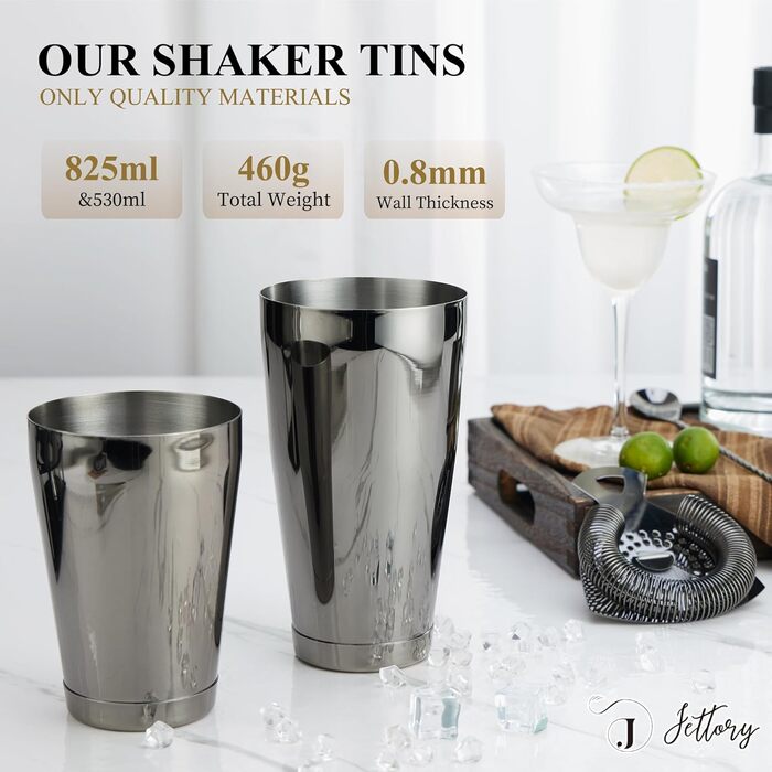 Набір шейкерів Boston - 16 предметів, нержавіюча сталь з акриловою основою, сито, щипці для льоду, барна ложка, мірний стакан, мадлер, виливний носик та шпажки для коктейлів (чорний)