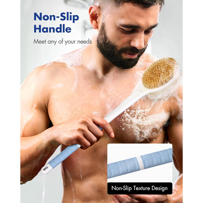 Щітка для душу з ручкою: скрабер для тіла з жорстким та м'яким ворсом, 46 см (блакитна)
