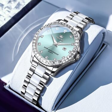 Годинник жіночий OLEVS з діамантами, елегантний, люкс, на зап'ястя, кварцовий, рожеве золото, скло керамічне (3651 Silver Blau)