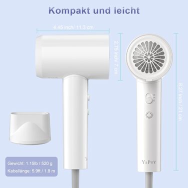Фен YAPOY з іонізацією 200 млн іонів, 110 000 об/хв, швидке сушіння, менше завивань, інтелектуальне регулювання температури, тихий, легкий, для дорослих/дітей/домашнього використання/готелю/кемпінгу, білий