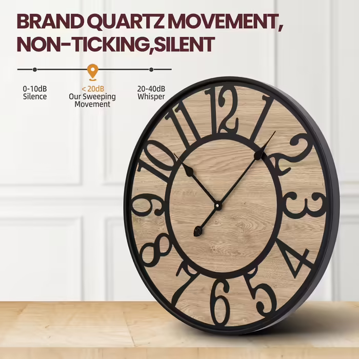 Large Wall Clock Without Ticking, 50 cm / 20 inch Silent Wood Vintage Wall Clock Retro Battery Powered Modern for Living Room Bedroom, Kitchen, Farmhouse, Office Decoration