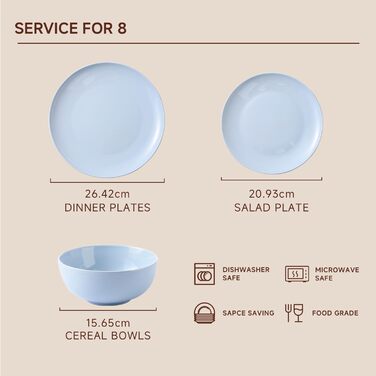 Сервіз HIKAA на 6 осіб, 24 елементи, з кісткового фарфору, набір тарілок, сумісний з мікрохвильовою піччю та посудомийною машиною, сервіз для дому, весілля, легкий та довговічний (блакитний)