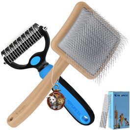 Набір гребінців для собак та котів зі щіткою Slicker - 3 шт. з дерев'яною ручкою, гребінець для підшерстя та гребінець з нержавіючої сталі - для довгошерстих порід, таких як голден ретривер та австралійська вівчарка (лакований)