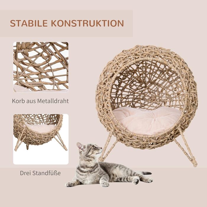 PawHut Rattan Cat House with Cushion, Cat Sleeping Place, Cat Cave with Raised Feet, Natural Ø52 x 58 cm