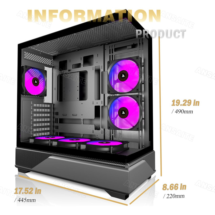 Ігровий корпус для ПК ANSAITE ATX Mid-Tower, 6 ARGB PWM вентиляторів, панорамне загартоване скло, USB Type-C, підтримка радіатора 360мм, чорний/фіолетовий