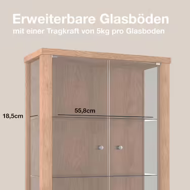 K-Möbel Wall Display Cabinet Glass - Made in Germany - Hanging glass display cabinet with 2 height-adjustable tempered glass shelves (ESG) in beech - Cabinet with glass doors - Wall cabinet - Display Cabinet (5) Winchester Oak, 80x60x25cm