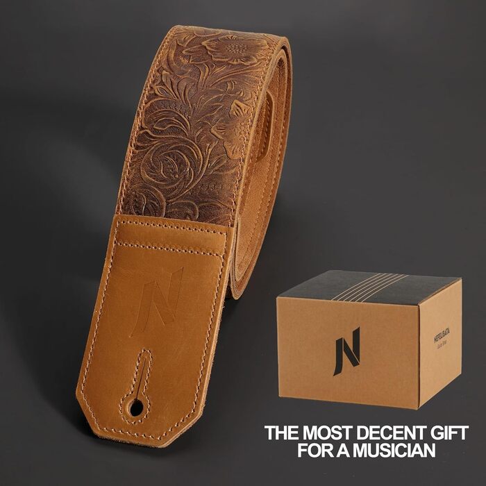 Шкіряний гітарний ремінь Nefelibata 2.3' з повним покриттям з тисненням Сахари (жовтий) для бас, електро та акустичної гітари