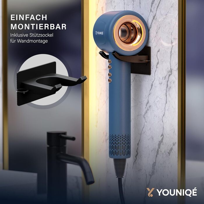 Фен YOUNIQÉ 5-в-1 з іонізацією, насадки для локонів, випрямлення, дифузор та концентратор, 1600W, LED, 4 температурні режими, магнітні насадки, ергономічний дизайн, блакитний/золотий