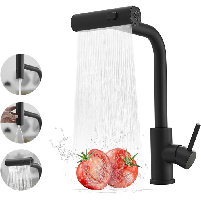 Чорний кухонний змішувач водопровідний з висувною лійкою та душем, 360° обертання, одноlever, матовий чорний