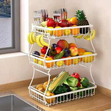 Баскет для фруктів та овочів на 3 ярусах, полиця на кухонну стільницю, легка установка, знімна, ідеальна для фруктів та овочів (білий)