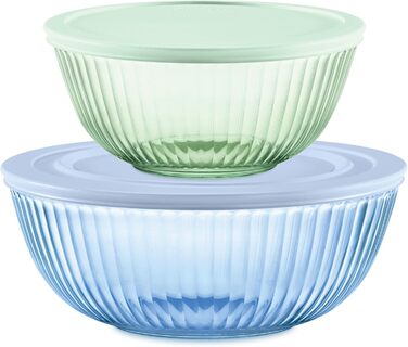Набір скляних мисок Pyrex Colors з кришками, 1,3 л і 2,3 л, для змішування та випікання, різнокольорові, термостійке скло, 2 шт.